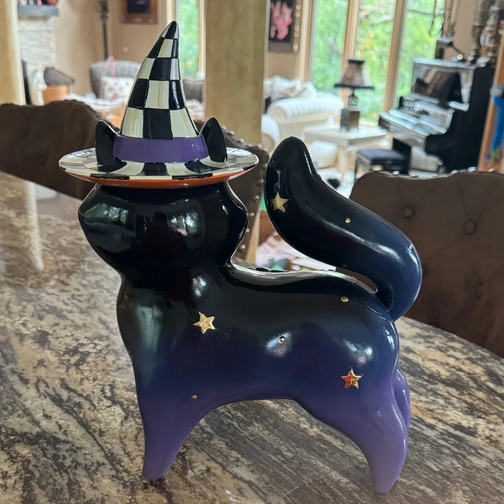 Mackenzie Childs Fortune Teller Black Cat Halloween Figurine with Witch Hat - Picture 3 of 3